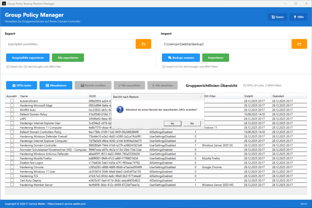 Berichtsfunktionen für Dokumentation