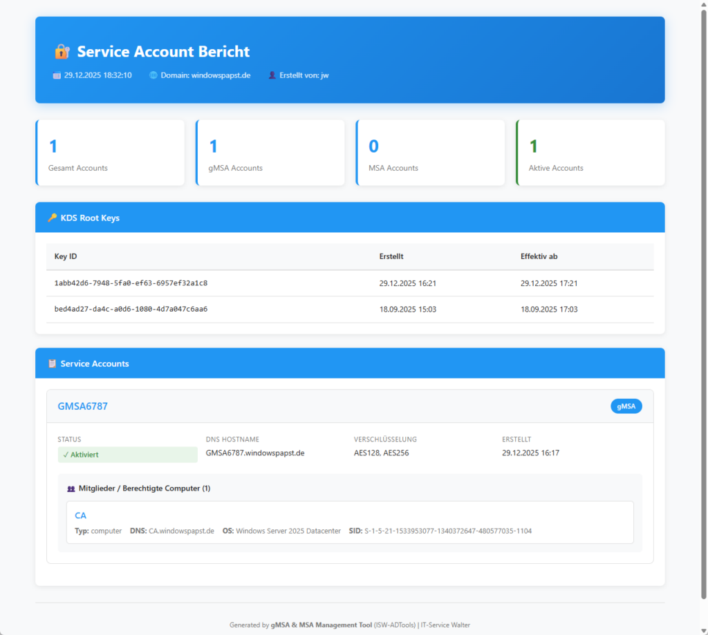 Service Account Bericht