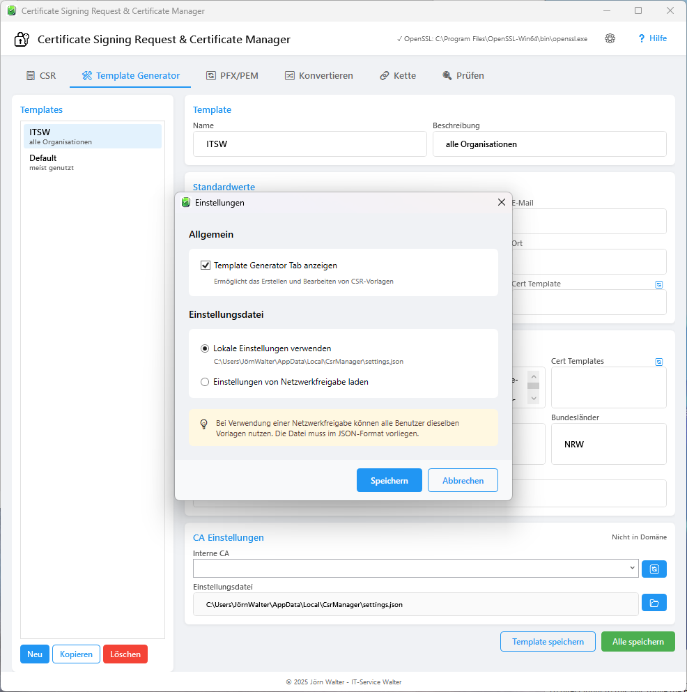 Settings Template Generator