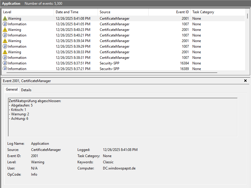 Windows Event Log Certificate Manager Windows Event Log Certificate Manager