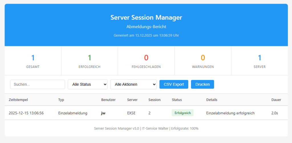 Bericht über die Abmeldung vom Server