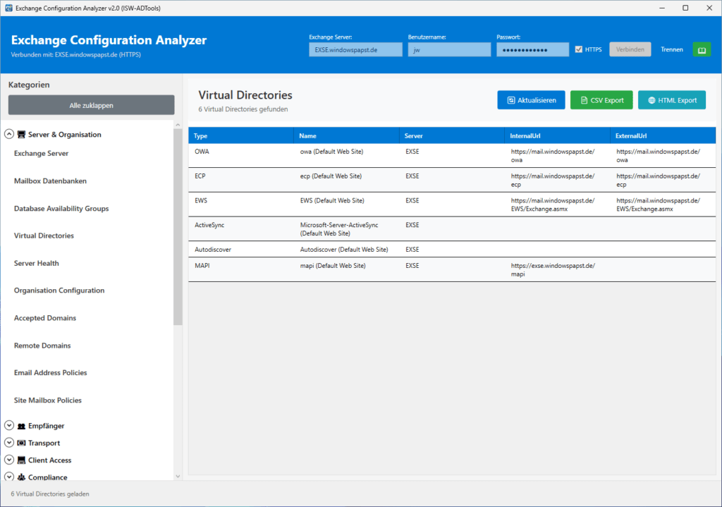Exchange Configuration Analyzer Virtual Directories