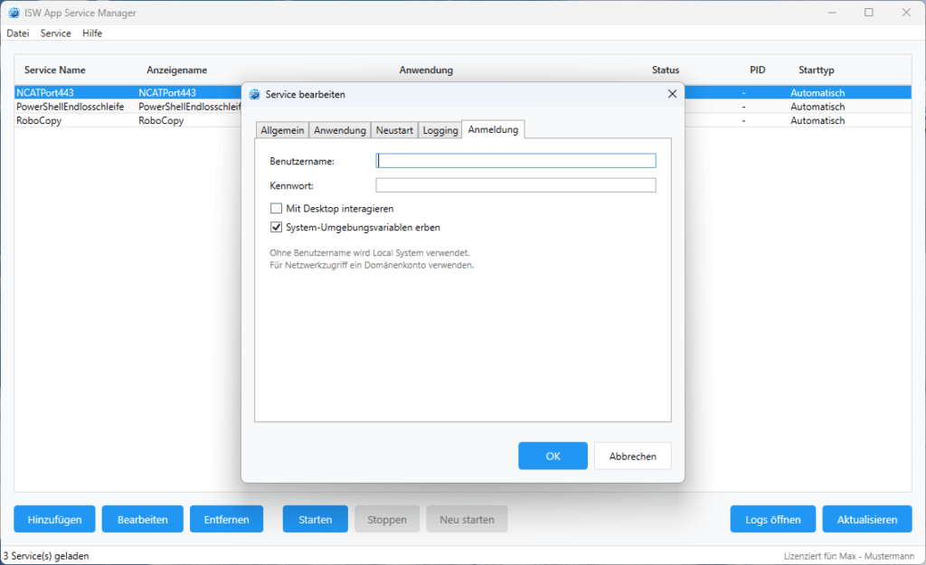 Konfigurationsdialog Tab Anmeldung