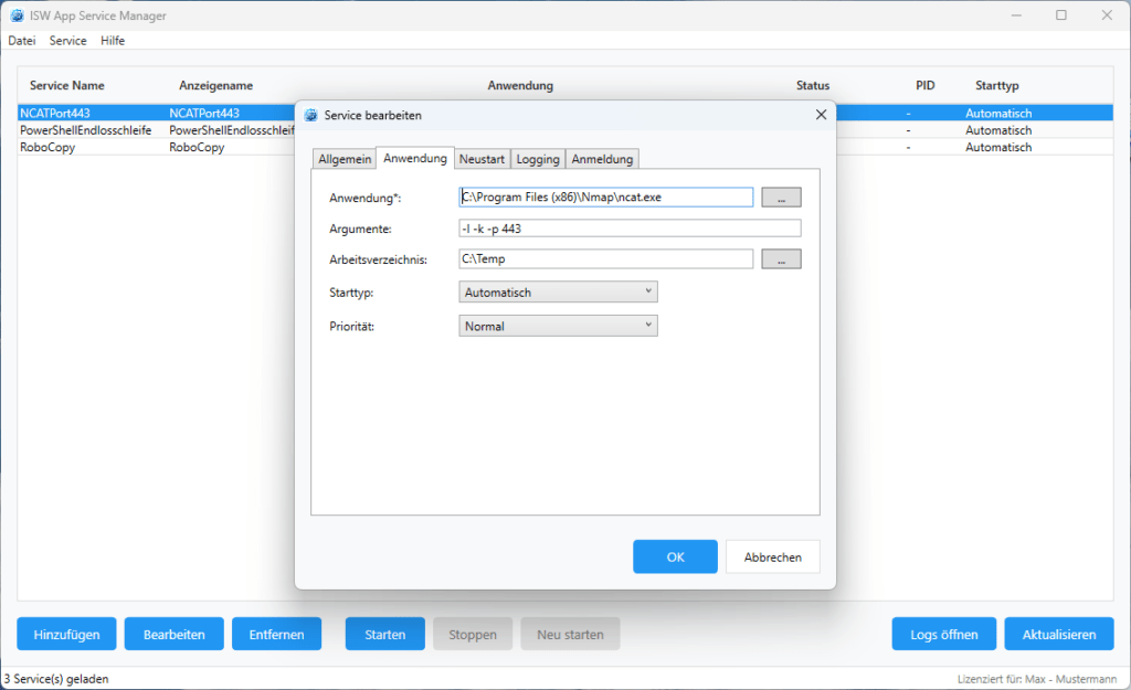 Konfigurationsdialog Tab Anwendung
