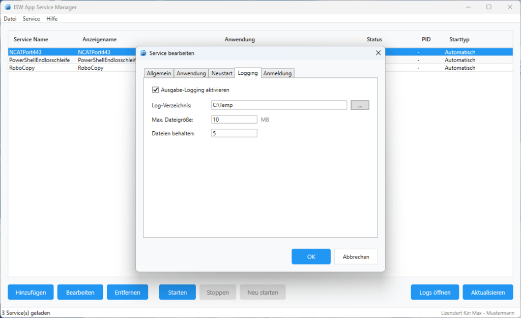 Konfigurationsdialog Tab Logging