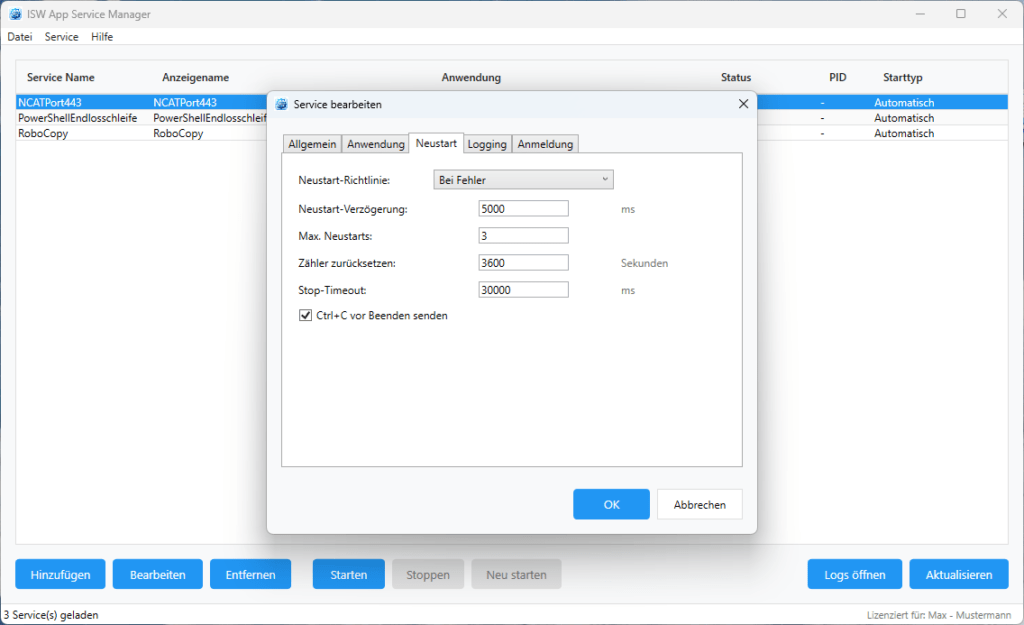 Konfigurationsdialog - Tab "Neustart"