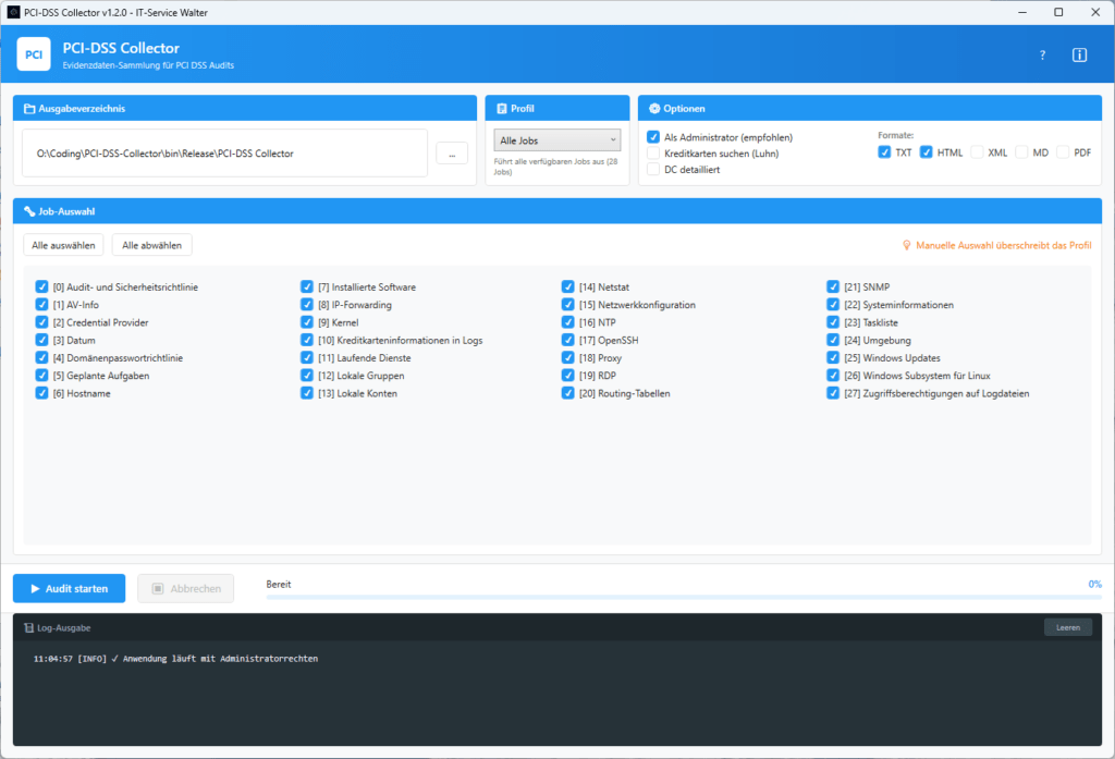 PCI-DSS Collector Der PCI-DSS Collector ist ein professionelles Werkzeug zur automatisierten Sammlung von Evidenzdaten für PCI DSS (Payment Card Industry Data Security Standard) Audits. Das Tool wurde speziell entwickelt, um IT-Administratoren und Compliance-Beauftragte bei der Vorbereitung von PCI DSS Zertifizierungen zu unterstützen.