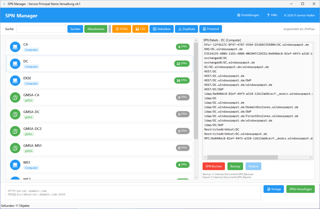 Programmoberfläche SPN Manager Programmoberfläche SPN Manager