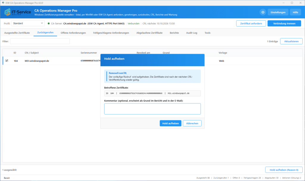 Certificate on hold Certificate on hold