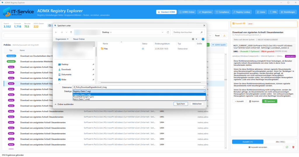Der ADMX Registry Explorer unterstützt mehrere Export-Formate für unterschiedliche Zwecke