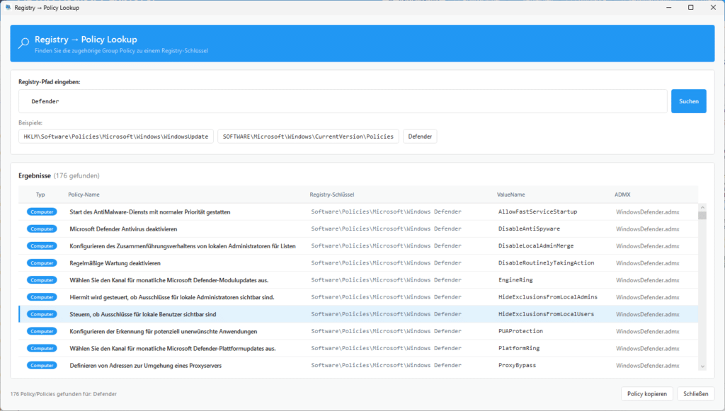 Registry → Policy Lookup